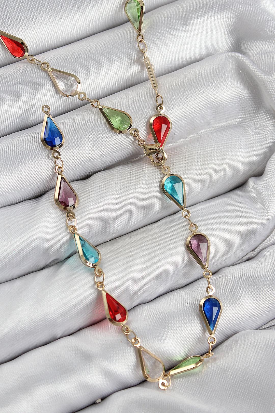 Pirinç Renkli Zirkon Taşlı Damla Model Gold Renk Kadın Y Kolye