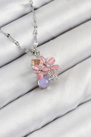 316L Çelik Zirkon Taşlı Arı Detaylı Pembe Çiçek Model Gümüş Renk Kadın Kolye