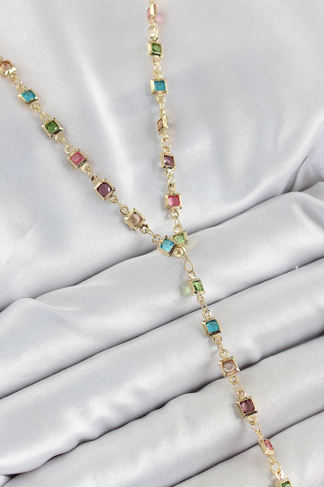 Pirinç Asorti Kare Model Gold Renk Zirkon Taşlı Y Kolye