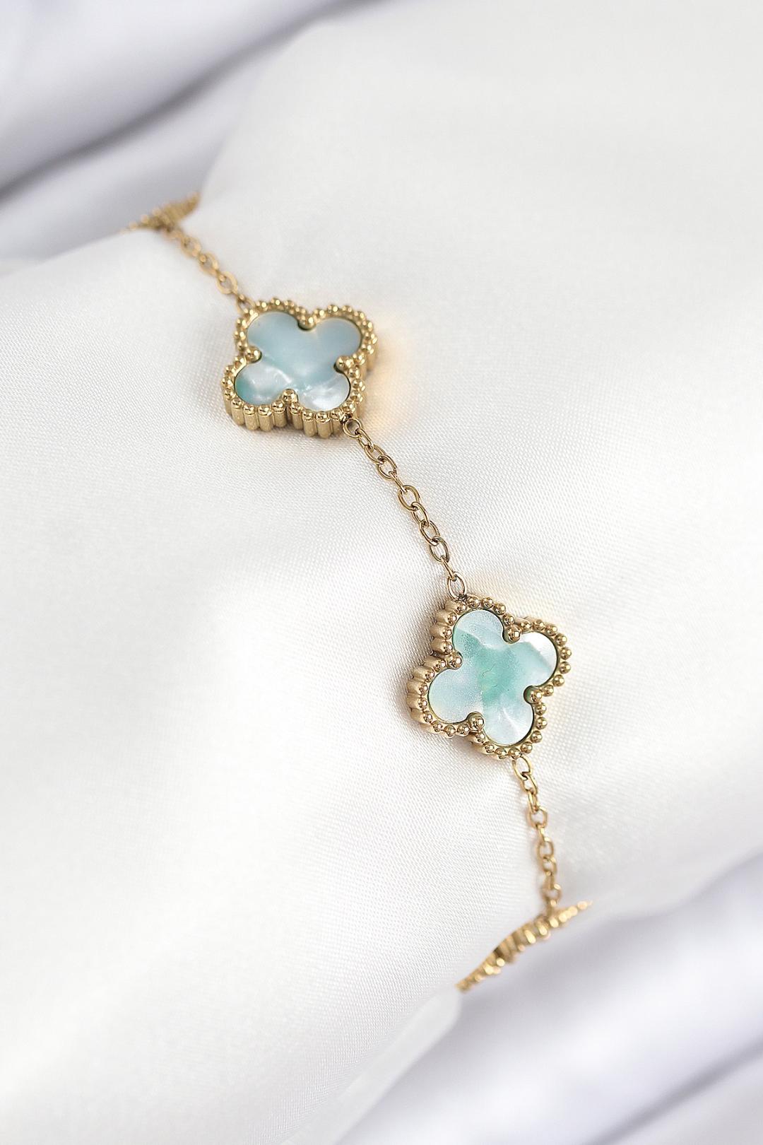 316L Çelik Sedefli Yeşil Gold Renk Yonca Kadın Bileklik