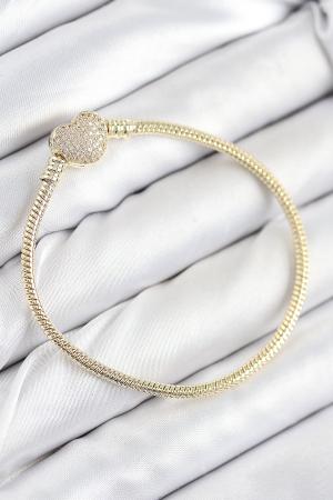 Pirinç Charm Zirkon Taşlı Kalp Model Gold Renk Kadın Bileklik