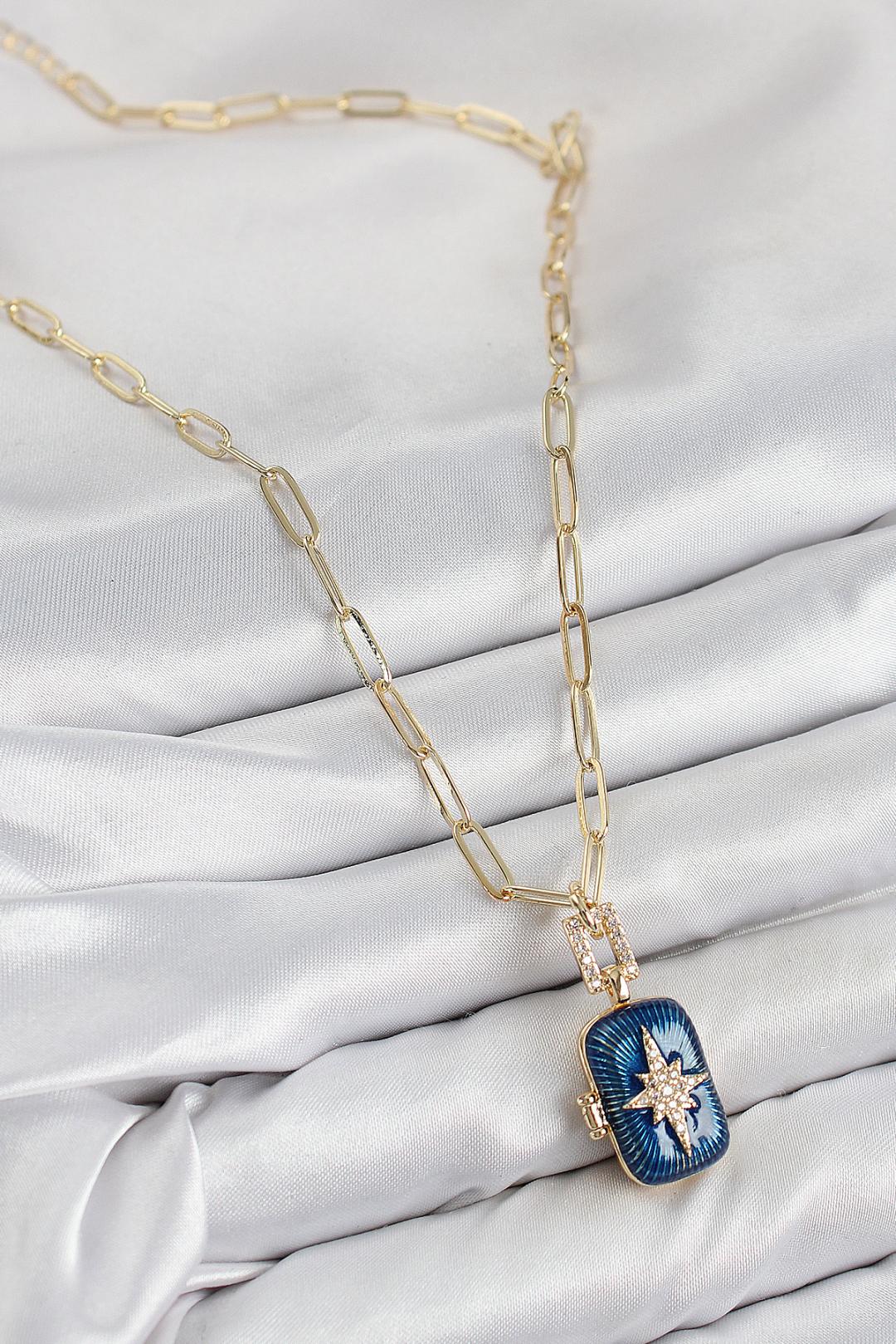 Pirinç Zirkon Taşlı Açılabilir Kutup Yıldızı Model Gold Renk Kadın Kolye