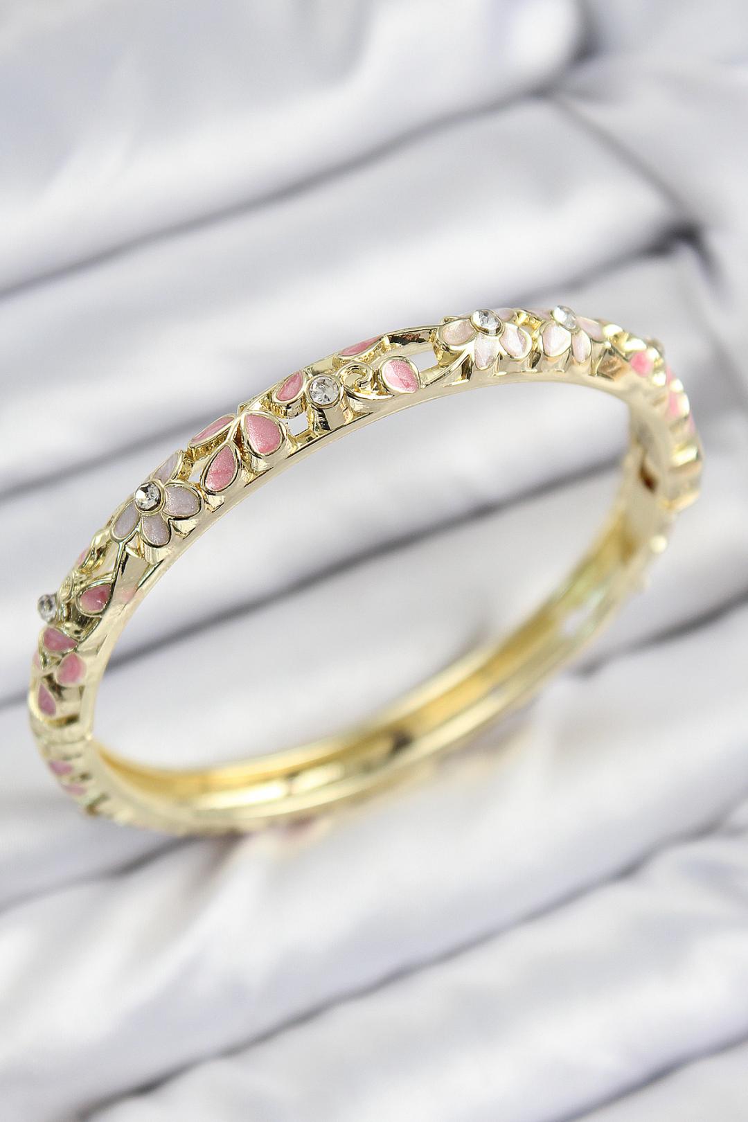 Mineli Pirinç Zirkon Taşlı Pembe Çiçek Motifli Gold Kadın Kelepçe
