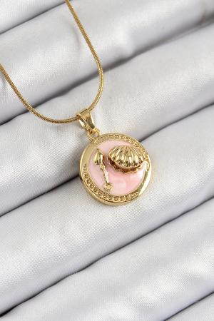 316L Çelik Zincir Pembe Mineli Sanatsal Portre İstiridye Model Gold Renk Kadın Kolye