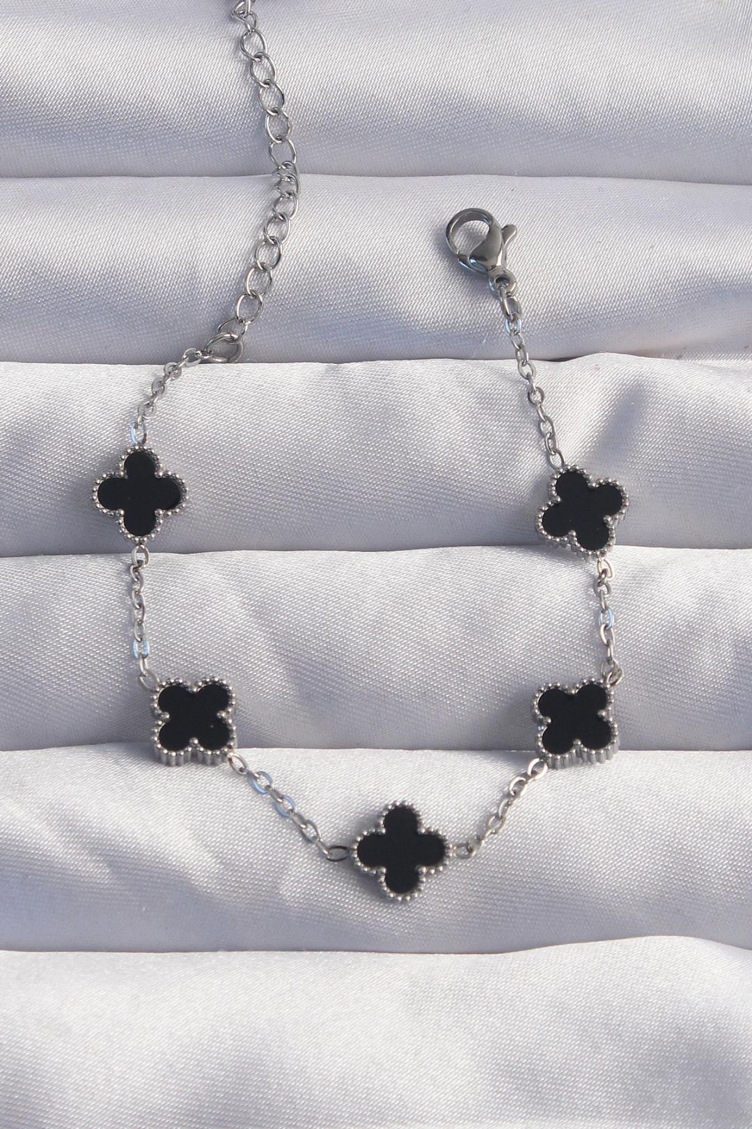 316L Çelik Baby Boy Gümüş Renk Siyah Mineli Yonca Bileklik BB6275