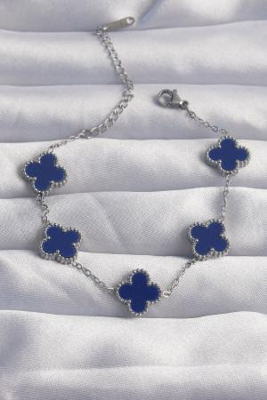 316L Çelik Gümüş Renk Mavi Mineli Yonca Bileklik BB6267