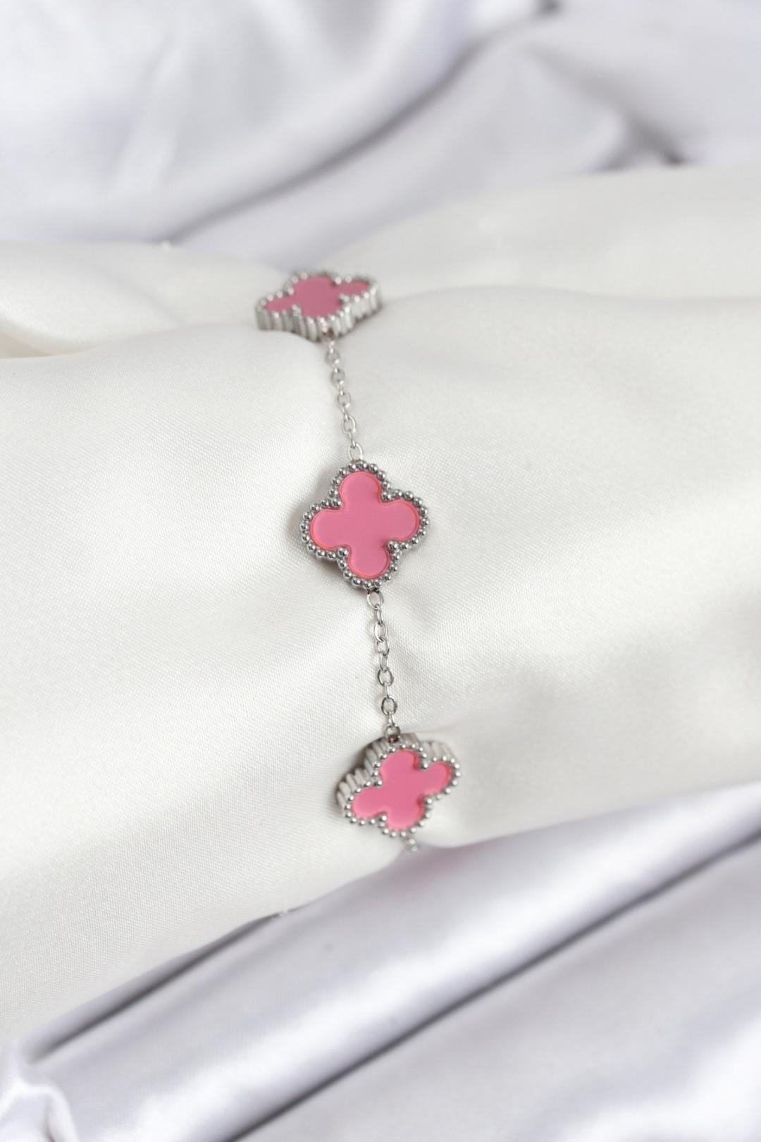 316L Çelik Gümüş Zincir Pembe Renk Yonca Bileklik BB7909