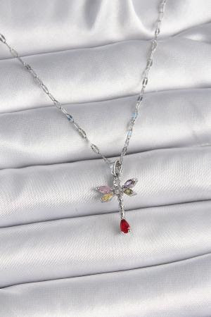 316L Çelik Gümüş Renk Zincir Renkli Zirkon Taşlı Yusufçuk Model Kadın Kolye BKO9568