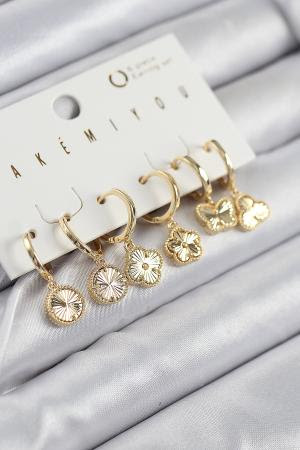 Pirinç Zirkon Taşlı Yonca Model Gold Renk 6'lı Küpe Set BKP11207