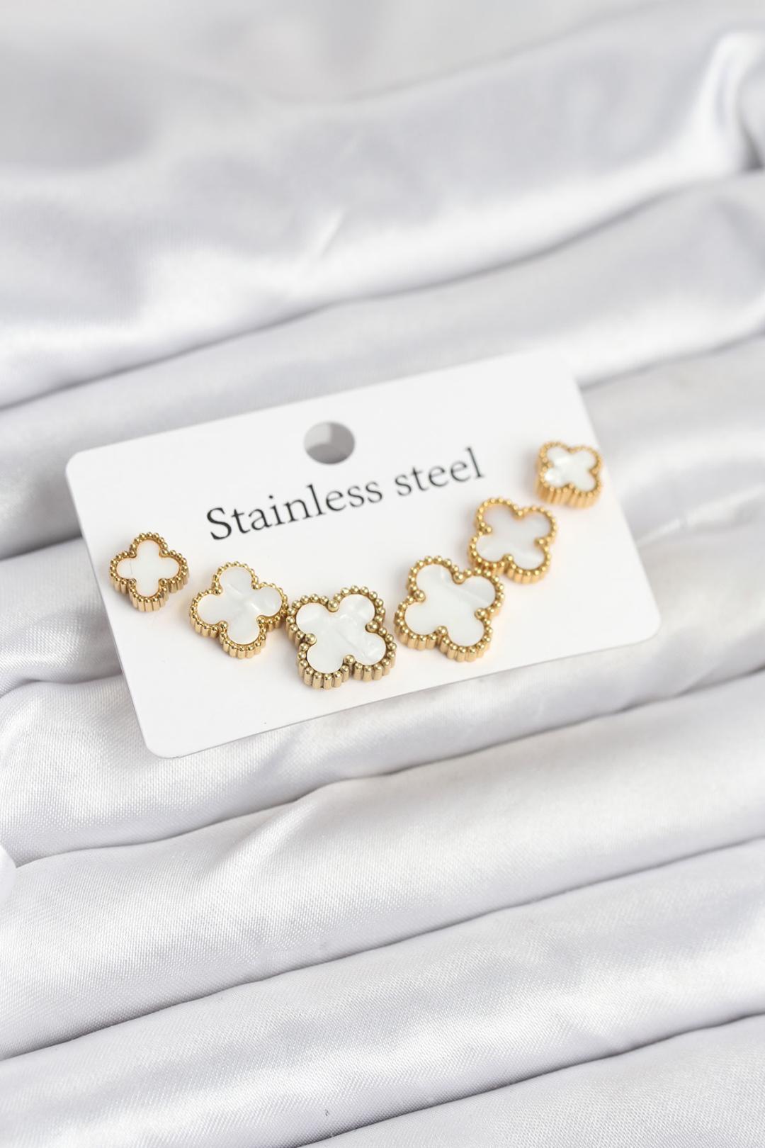 316L Çelik Gold Beyaz Renk 3 Boy Yonca Küpe Seti BKP11237