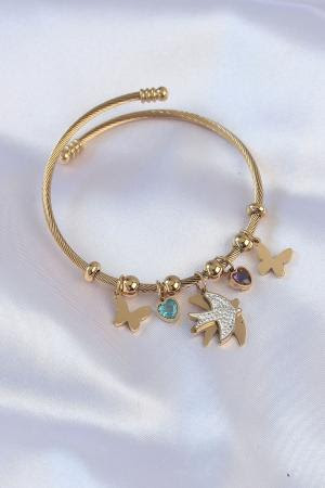 316L Çelik Gold Renk Zirkon Taşlı Minimal Kalp Detay Kelebek Charm Bileklik BB6091