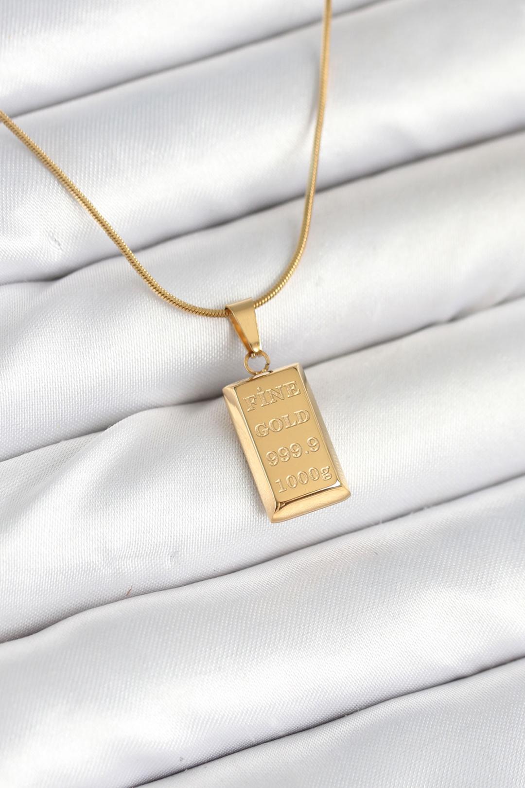 316L Çelik Gold Renk Külçe Altın Model Kolye BKO10604