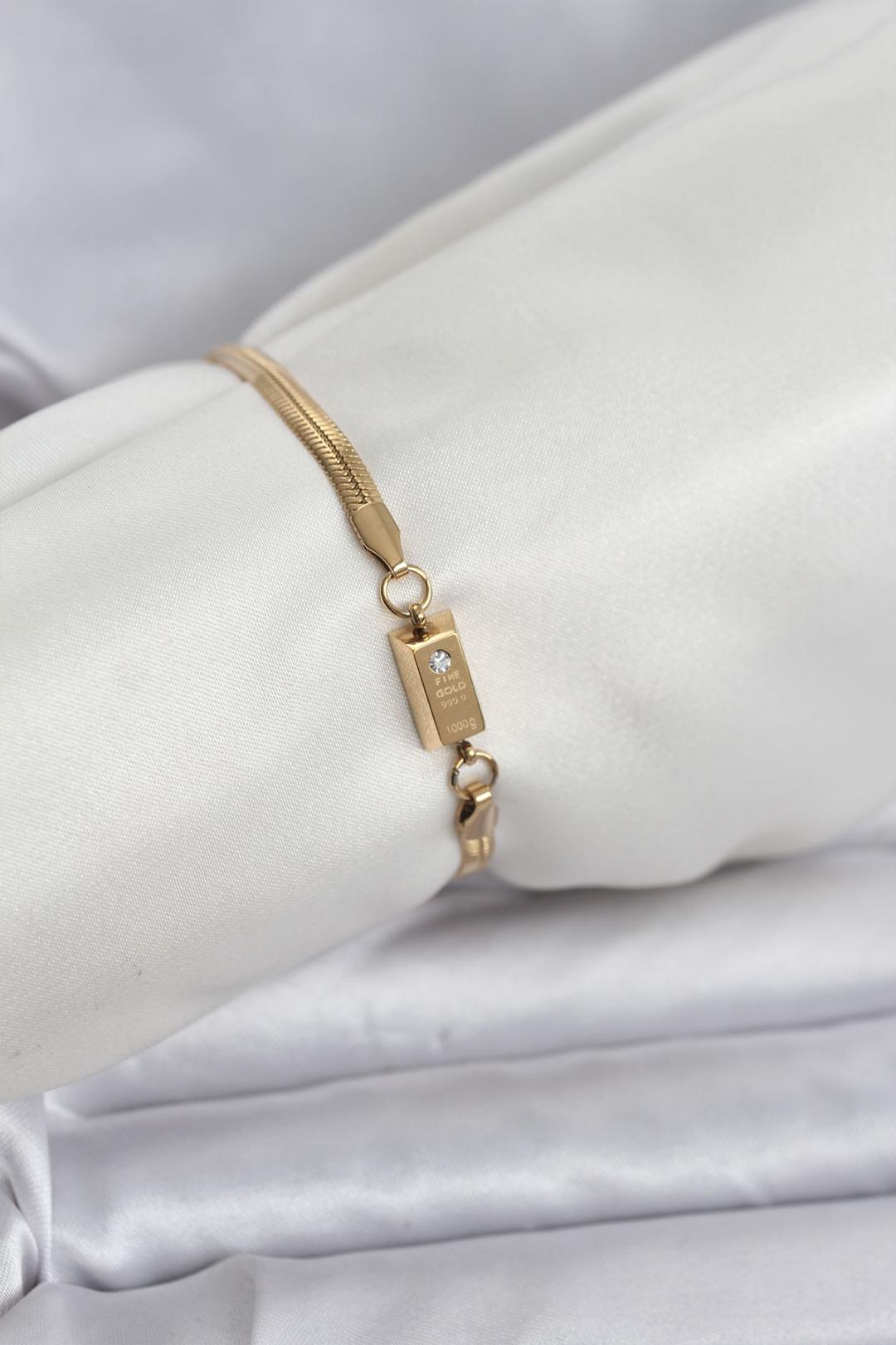 316L Çelik Gold Renk Külçe Altın Model Kadın Bileklik BB8085