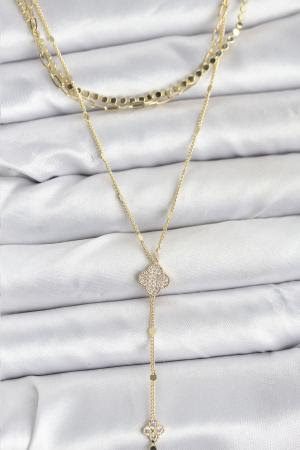 Pirinç Gold Renk Zirkon Taşlı Yoncalı Model Detaylı 3'lü Kombin Y Kadın Kolye BKO10701