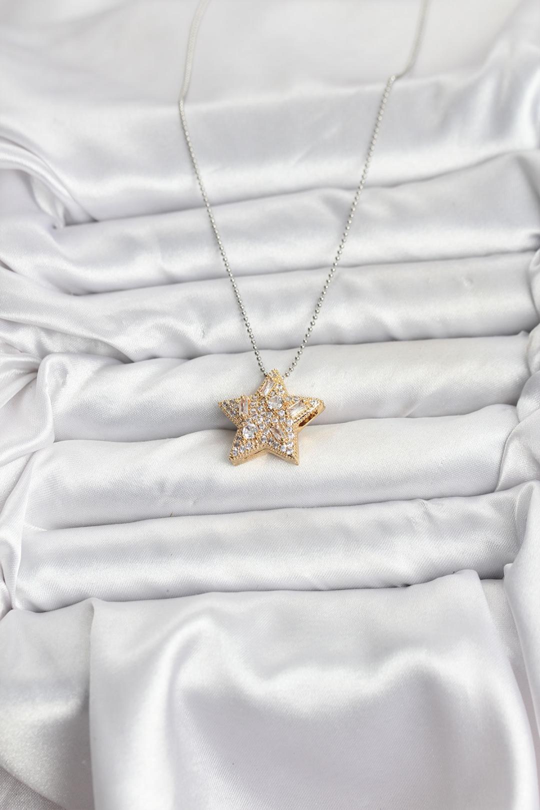 316L Çelik Zincir Gümüş Renk Zincirli Gold Yıldız Model Kadın Kolye BKO10679